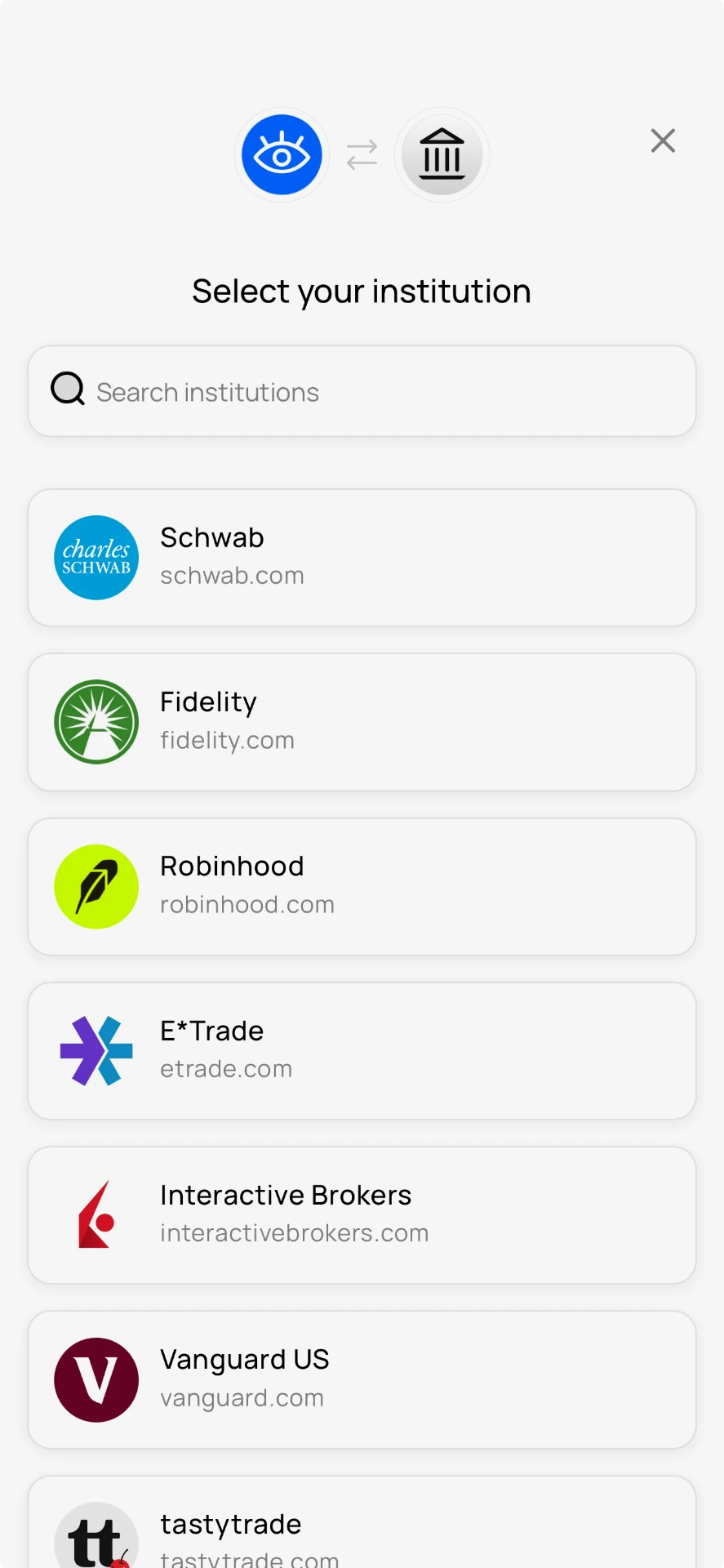 Broker selection screen with supported institutions